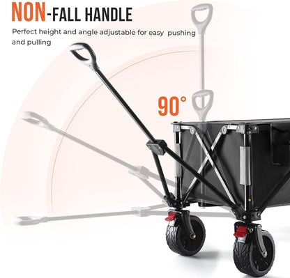 Overmont 150kg Festival Camping Trolley on Wheels - Heavy Duty Folding Wagon Cart with Extra Wide Wheels, 330lbs Capacity, Adjustable Handle, Portable for Outdoor, Garden, Shopping, Beach - Black