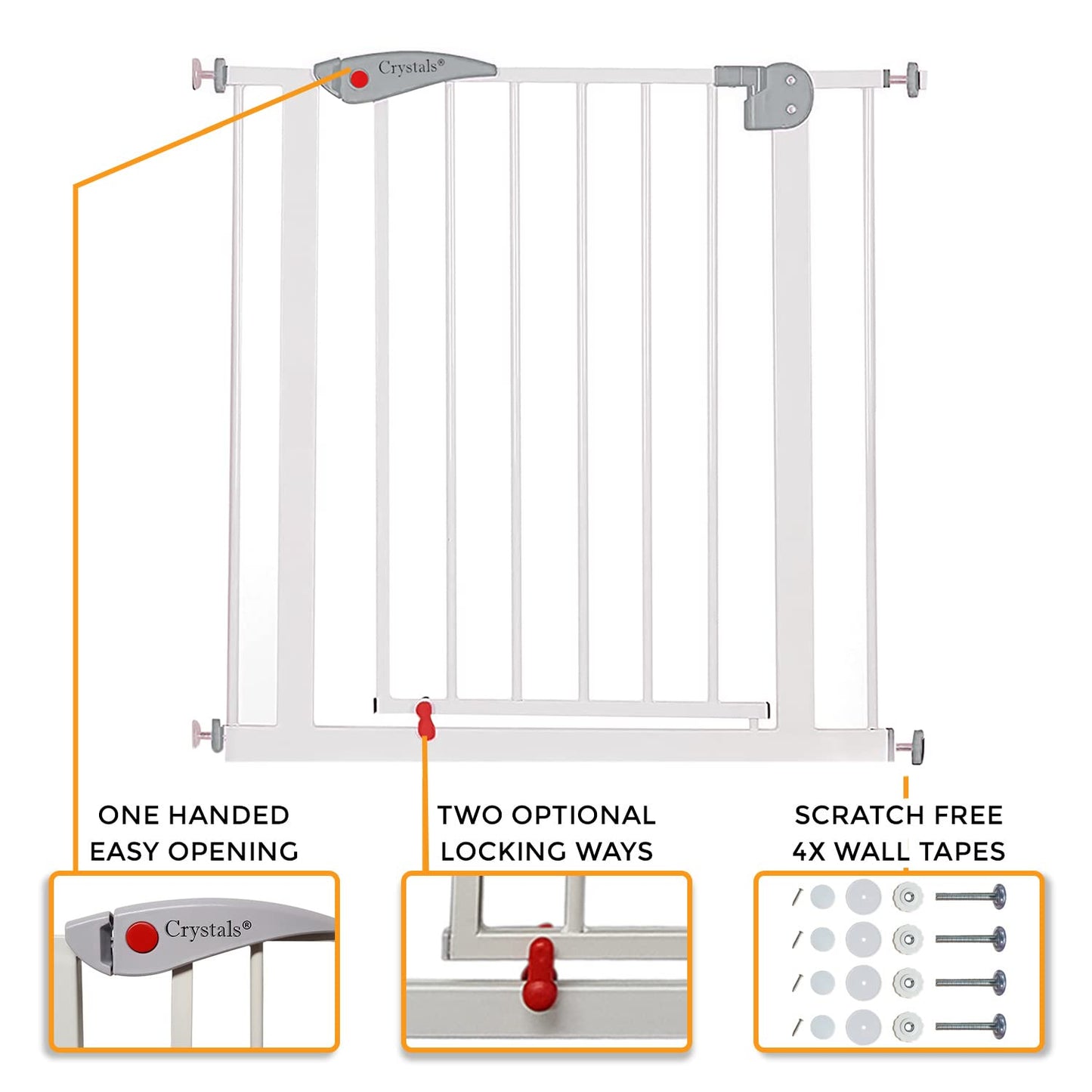 Baby Gate for Doors and Stairs, 10 cm Extension, Stair Gate Pressure Fit - No Screws, Child Stair Gate for Widths 75 to 85 cm, Dog Safety Gate One-Handed Opening to Both Sides, Metal, White/Grey