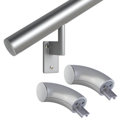 Promenaid - 1.5ft Flush Handrail Kit Sliver Finish Complete Indoor/Outdoor Handrail for Stairs with ADA Wall Return Kit Flush Endcap Replacement