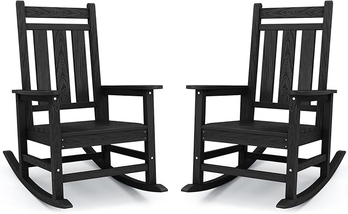KINGYES Oversized Outdoor Rocking Chair Set of 2, All-Weather Patio Rocking Chairs for Porch, HDPE Outdoor Patio Rockers with High Back & Wide Seat for Garden, Lawn, Black