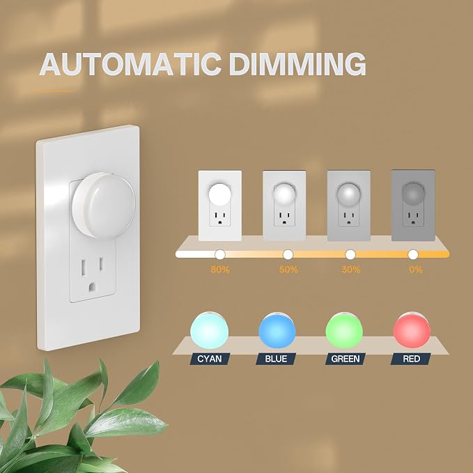 Mini Plug in Night Light, Dusk to Dawn Sensor, 4-Color, LED Toilet Night Lights, Dimmable Color Changing, for Kids Breastfeeding, Sleep Aid, Bedroom, Nursery, Hallway, 6Pack