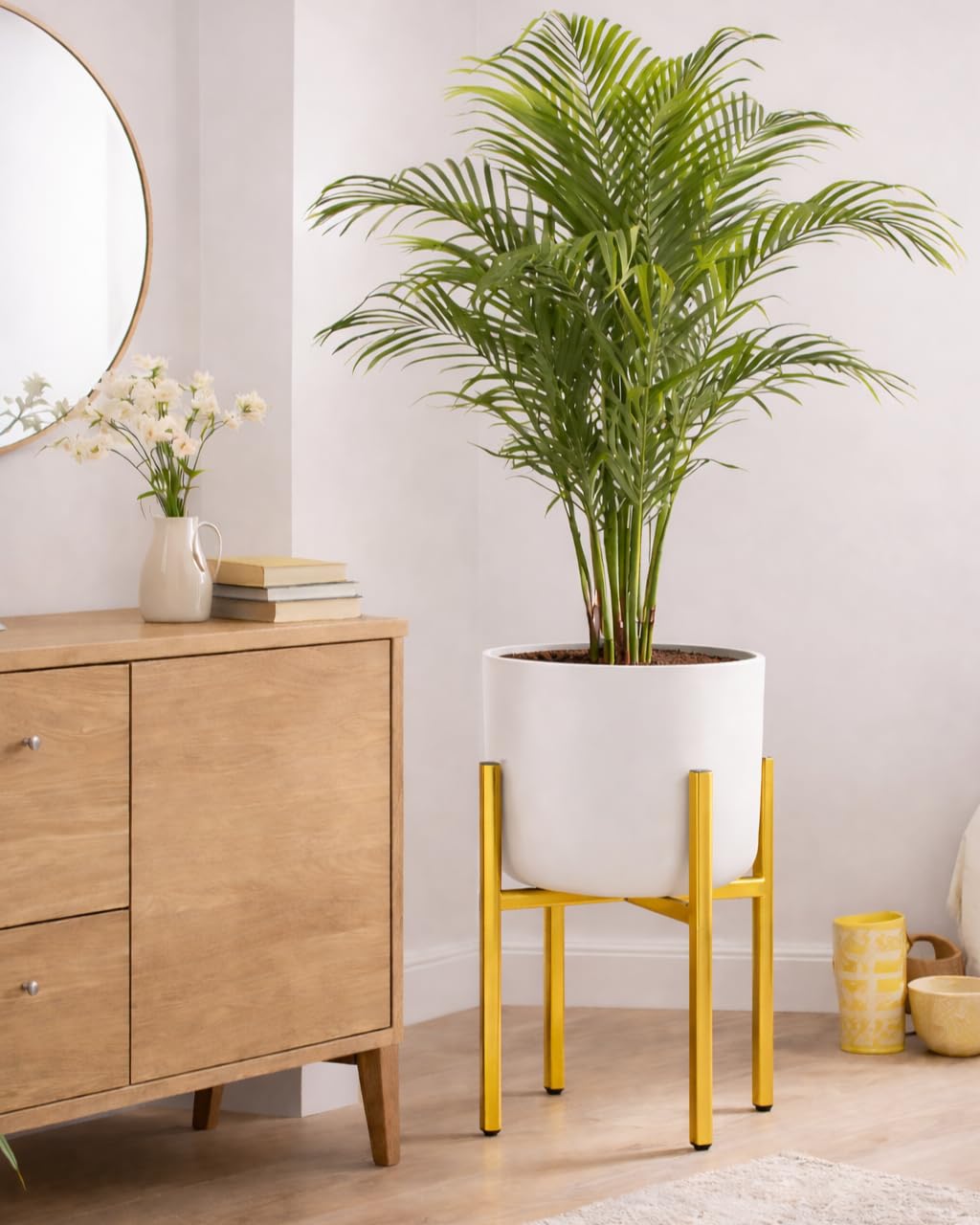 RAINBLELAND Gold Metal Plant Stand for Indoor Plants, Adjustable Heavy Duty Plant Stand Fits 8-14 Inch Pots, Modern Brass Flower Pot Holder with Anti-Scratch Feet, Mid Century Indoor Plant Stand