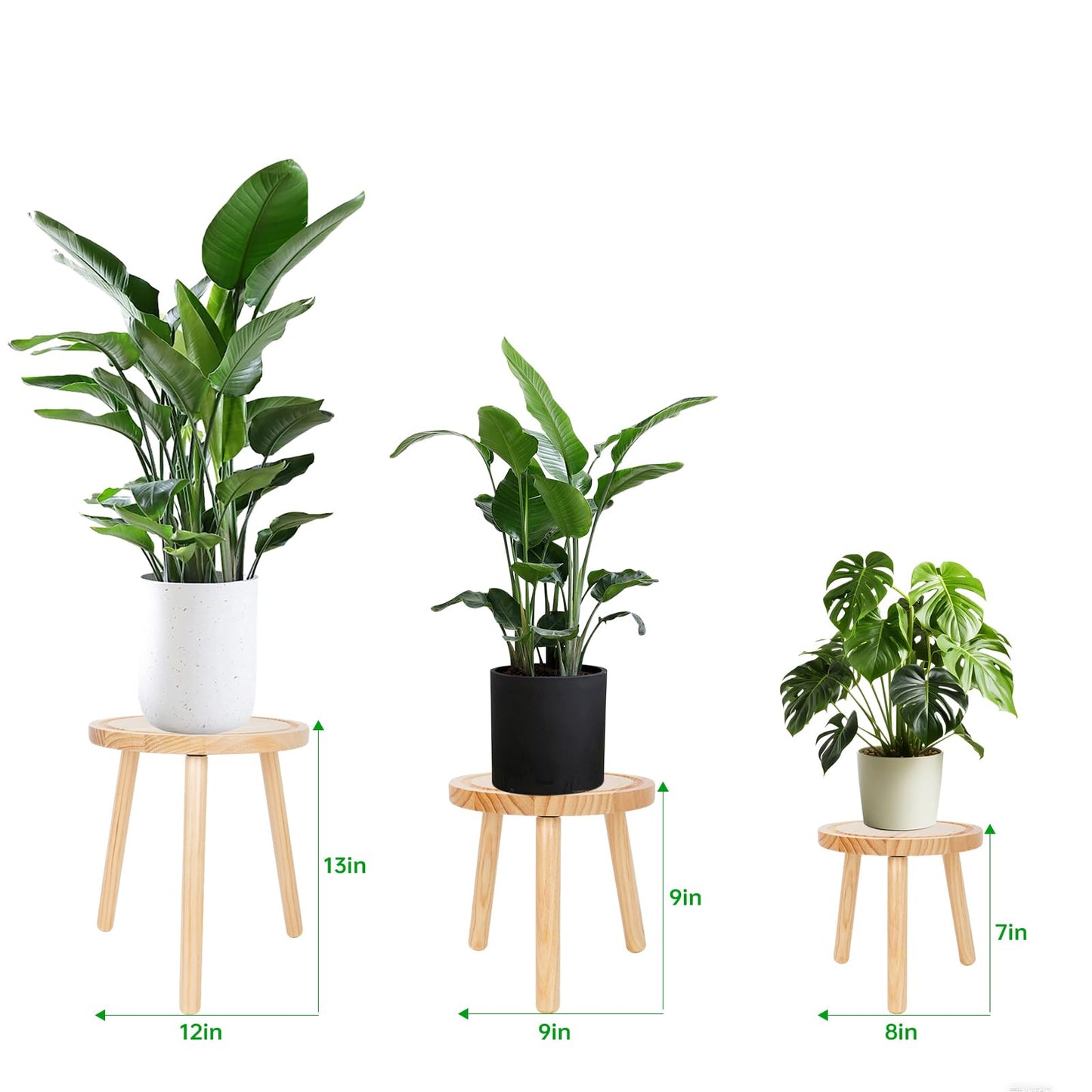 Amdermi 3-Pack Wood Plant Stands Indoor, Single Plant Stand for 6-12 Inch Pots, Mid-Century Modern Plant Stool, Tall Plant Stand for Large Plants for Living Room, Balcony, Office (Light Brown)