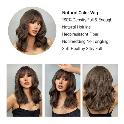 EMMOR Long Wavy Brown Wig for Women, Synthetic Wigs Made of Natural Wavy Hair with Fringe, Parties, Cosplay, Daily Use, incl. 2 Wig Caps