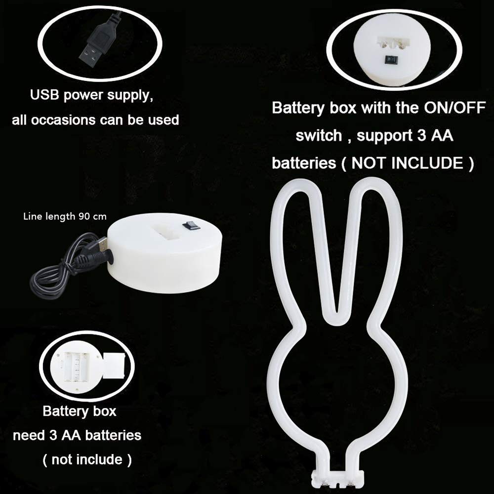 BAILEY Rabbit Ears Neon Sign,Easter Bunny Rabbit LED Lights with Holder Base,USB or 3-AA Battery Powered Neon Light of Business Premises for Christmas Easter Party Holiday Night Bedroom Gifts (Pink)