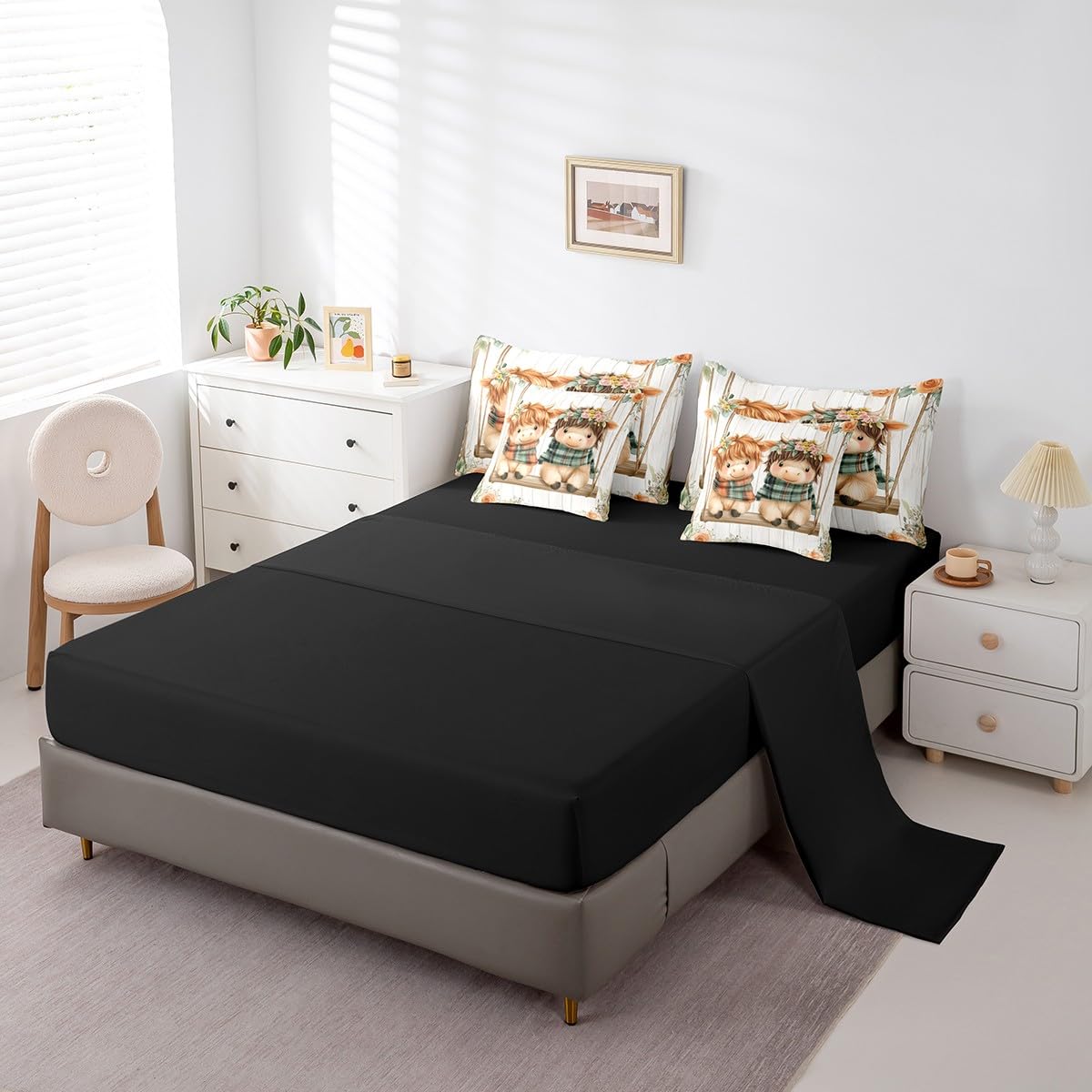 Erosebridal King Comforter Set for Kids,7 Pieces Highland Cow Bedding Sets King Bed in a Bag,Reversible Western Cow Bed Set,Farmhouse Animal Comforter, Sheets, Pillowcases and Cushion Cases