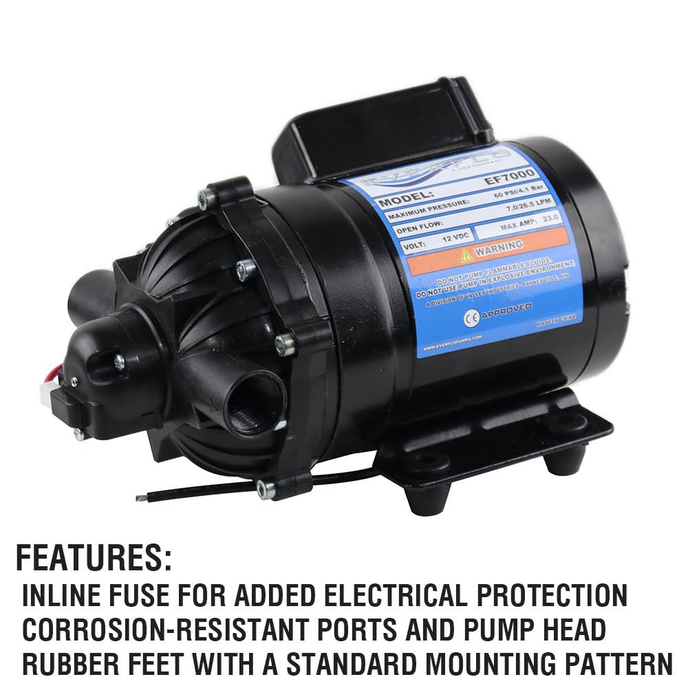 Everflo EF7000-BOX 7.0 GPM 12V Diaphragm Pump-1/2 FNPT Ports, Black