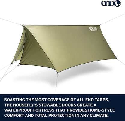 ENO HouseFly Rain Tarp - Lightweight Waterproof Tarp with Stowable Doors - for Camping, Hiking, Backpacking, Travel, a Festival, or The Beach - Lichen