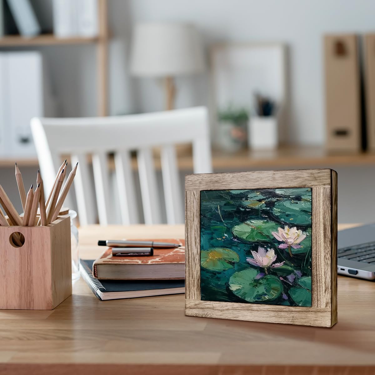 Lotus Desk Decor Wooden Box Sign, Tranquil Water Lily Oil Painting Style Tabletop Plaque, Zen Nature Shelf Counter Accent, Rustic Farmhouse Floral Gift for Home Office