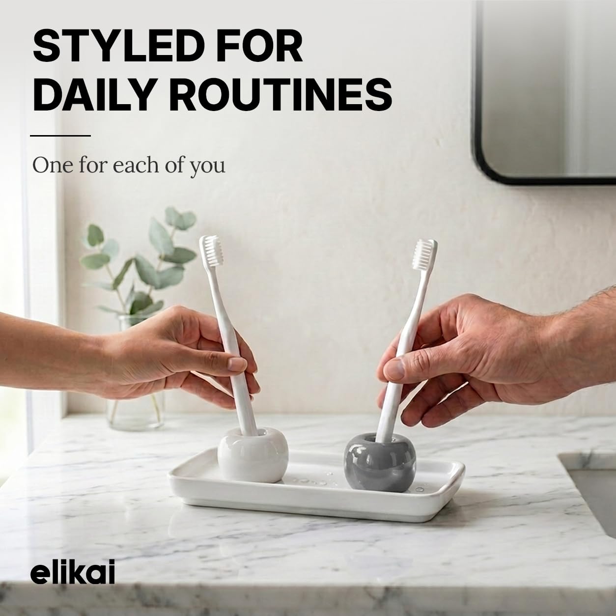 ELIKAI Ceramic Toothbrush Holders with Bathroom Tray, Countertop Organizer for Toothbrushes and Accessories, Hygienic Individual Holder Set (Grey & White, 2 Holders)