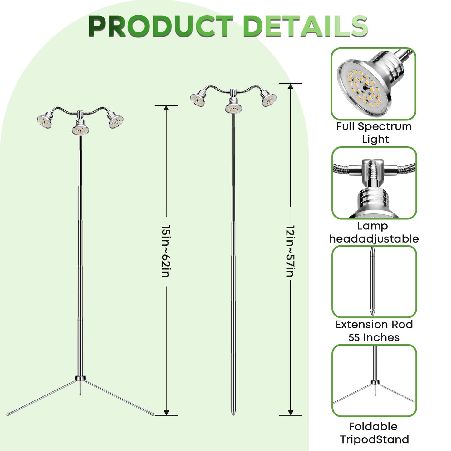 Full Spectrum Grow Lights for Indoor Plants 15-62 Inches Height Adjustable Aluminum Alloy Plant Growing Lamps with Detachable Tripod Stand, Auto On/Off Timer (Full Spectrum, Three Heads)