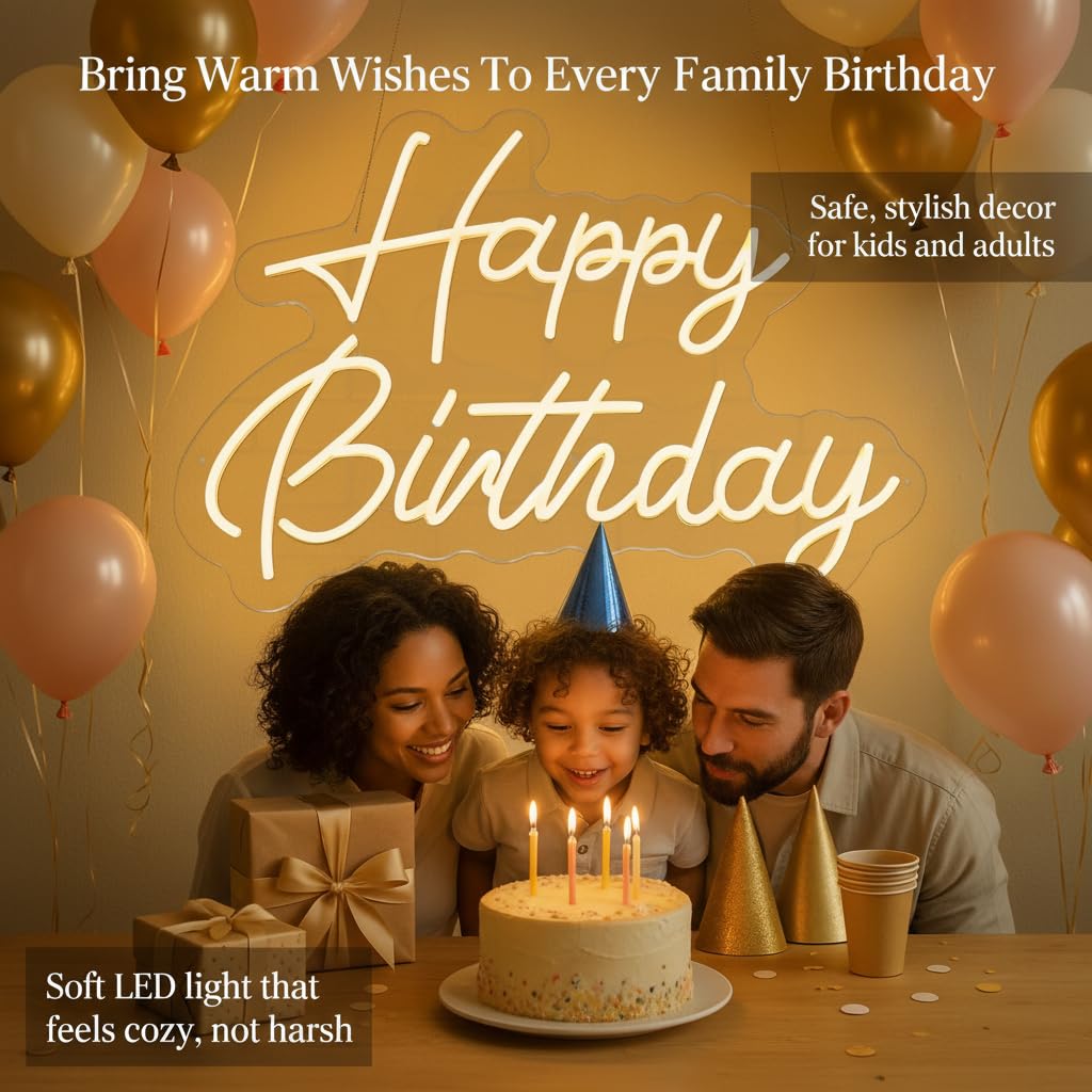 Happy Birthday Neon Sign, 22×16.9 Inch Large Warm White Dimmable LED Light Up Sign, Neon Happy Birthday Banner Backdrop for Party Wall Decor