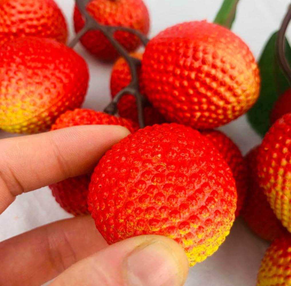 2 Bunches Artificial Lychee Fruit 7.8" Lifelike Fake Lychee with Leaves, Realistic Kitchen/Dining Table Decor, Party Decoration, Plastic Fruit Props for Photography, Display, or Cabinet Styling