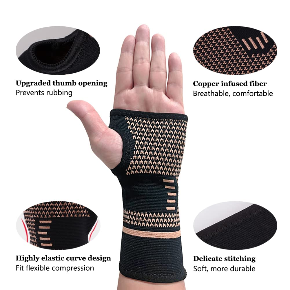 Copper Wrist Compression Sleeve, Elastic Wrist Support Sleeve Wrist Brace for Tendonitis, Arthritis, Sprains Pain Relief, Breathable Carpal Tunnel Hand Brace for Sport, Fitness, Workout, Typing