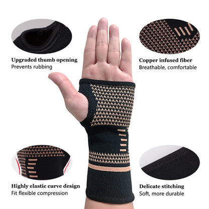 Copper Wrist Compression Sleeve, Elastic Wrist Support Sleeve Wrist Brace for Tendonitis, Arthritis, Sprains Pain Relief, Breathable Carpal Tunnel Hand Brace for Sport, Fitness, Workout, Typing
