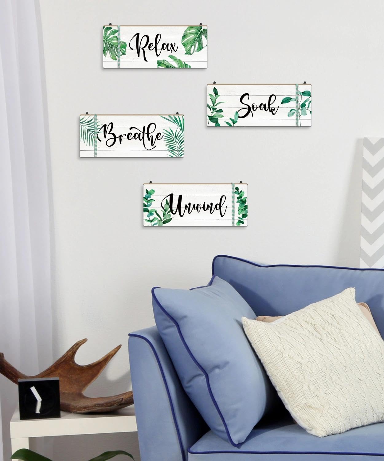 Putuo Decor Bathroom Wall Decors Relax Soak Breathe Unwind Wall Decor Set of 4, Botanical Bathroom Quote Wood Sign Panels, Spa Style Hanging Wall Art for Bathroom, Bedroom, Yoga Room, Apartment