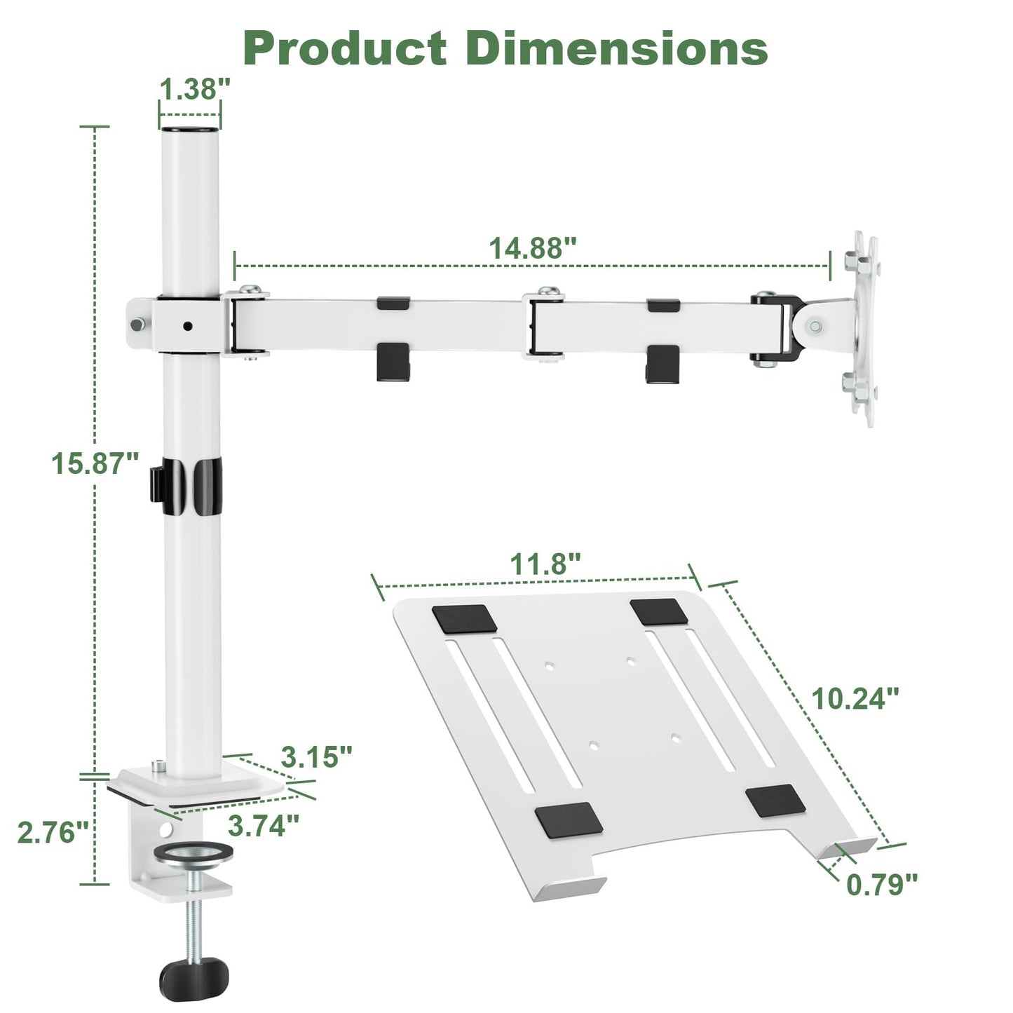 Laptop Desk Mount, Single Laptop Stand Arm with Vented Tray for 17 inch Notebook or 14”-32” Monitor, Holds up to 17.6 lbs, Fully Adjustable, Clamp/Grommet Mounting, VESA 75/100mm