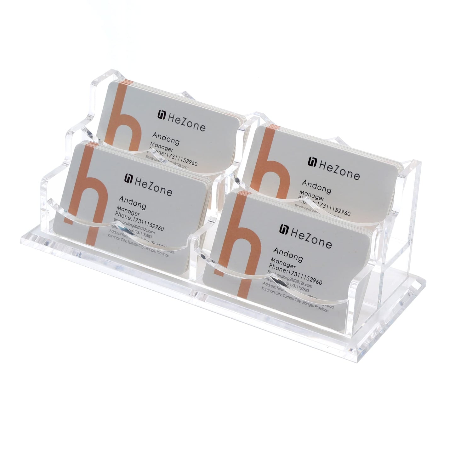 HeZone Business Card Holder Display for Desk, Cards Organizer Case for Women and Men 4 Slot 2 Tier, Clear Acrylic Business Card Stand Rack with 1 Pack (4 Grid-H)