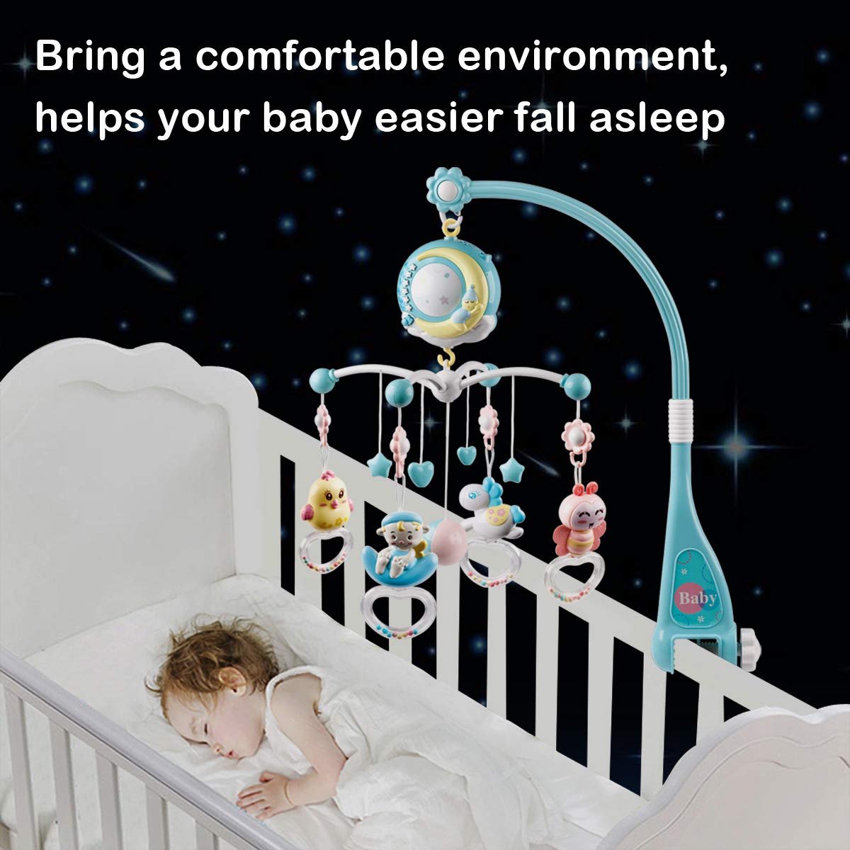 Mini Tudou Baby Musical Mobile Crib with Music and Lights, Timing Function, Projection, Take-Along Rattle and Music Box for Babies Boys Girls Toddlers