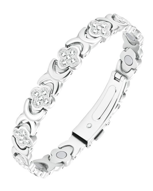 Jecanori Copper Bracelets for Women Pain Relief, Effective Pure Copper Magnetic Bracelet for Healing with 3500 Gauss Magnets, Four-leaf Clover (Silver)