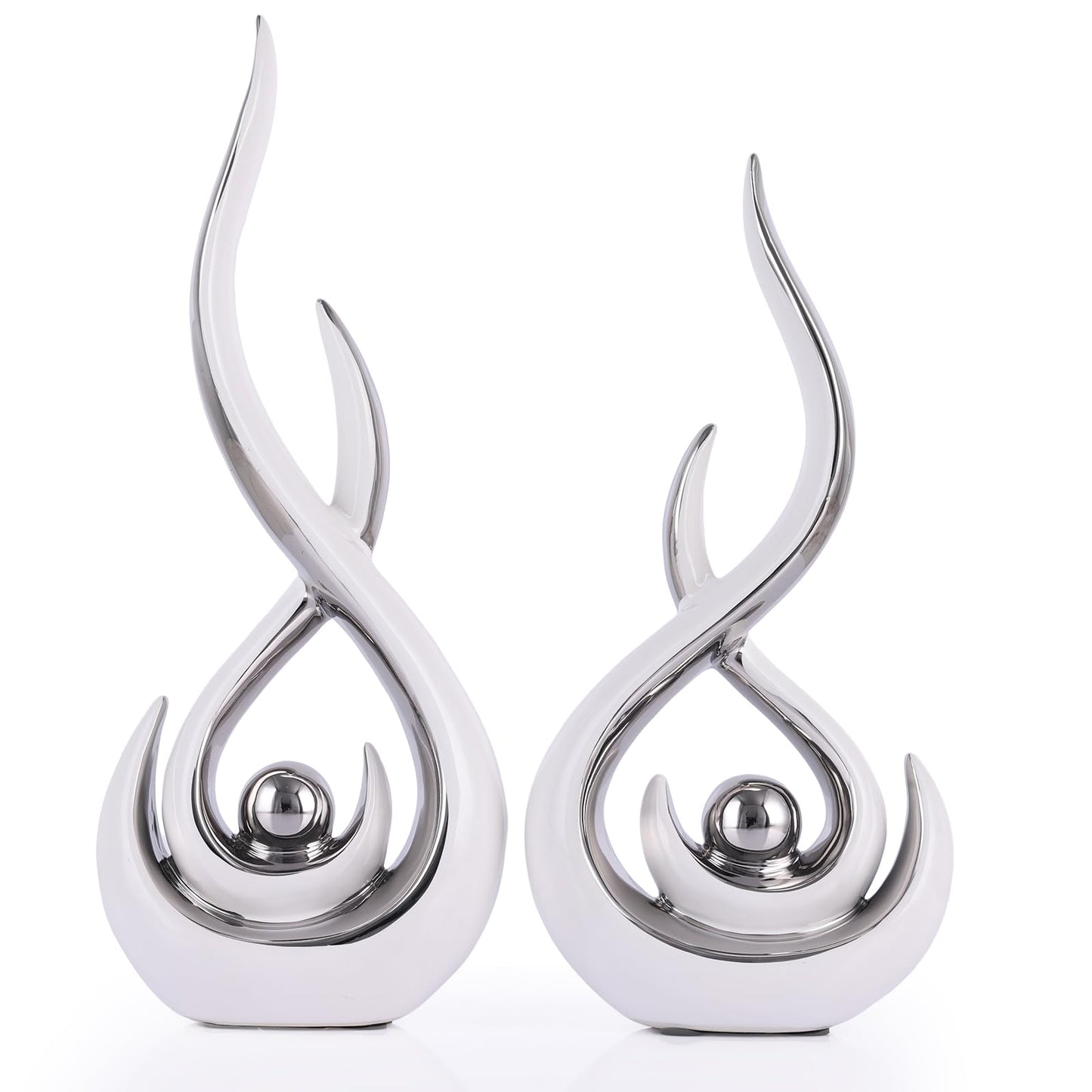 Ceramic Abstract 2 Piece Statue Set, White and Silver Home Decor Accents for Home Decor Statue Mantle Shelf Unique Decor, TV Cabinet Partition Table Top and Dining Table Centerpiece.