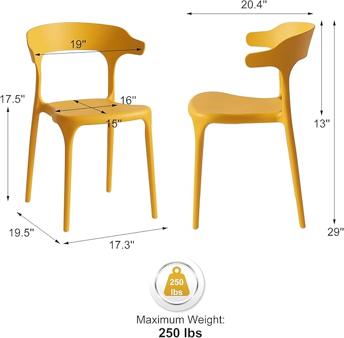 Modern Stackable Dining Chair Set, No Assembly, Plastic Chair, Patio Chair, Suitable for Indoor and Outdoor Cafes and Restaurants, Set of 4 (Mustard Yellow)
