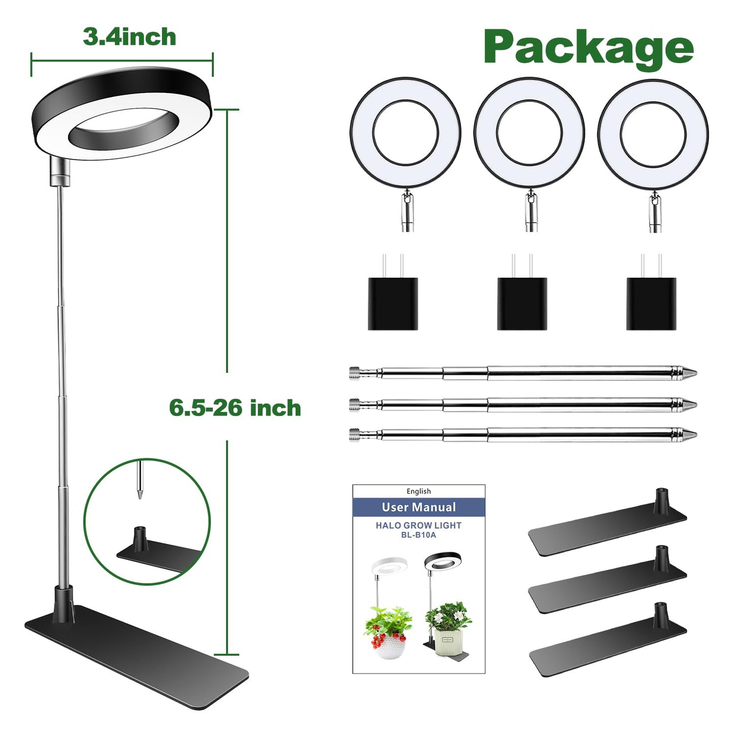 Aokrean Grow Light, Full Spectrum Plant Grow Light, Height Adjustable, Auto Timer, 3 Lighting Modes for Indoor Plnats, 5V