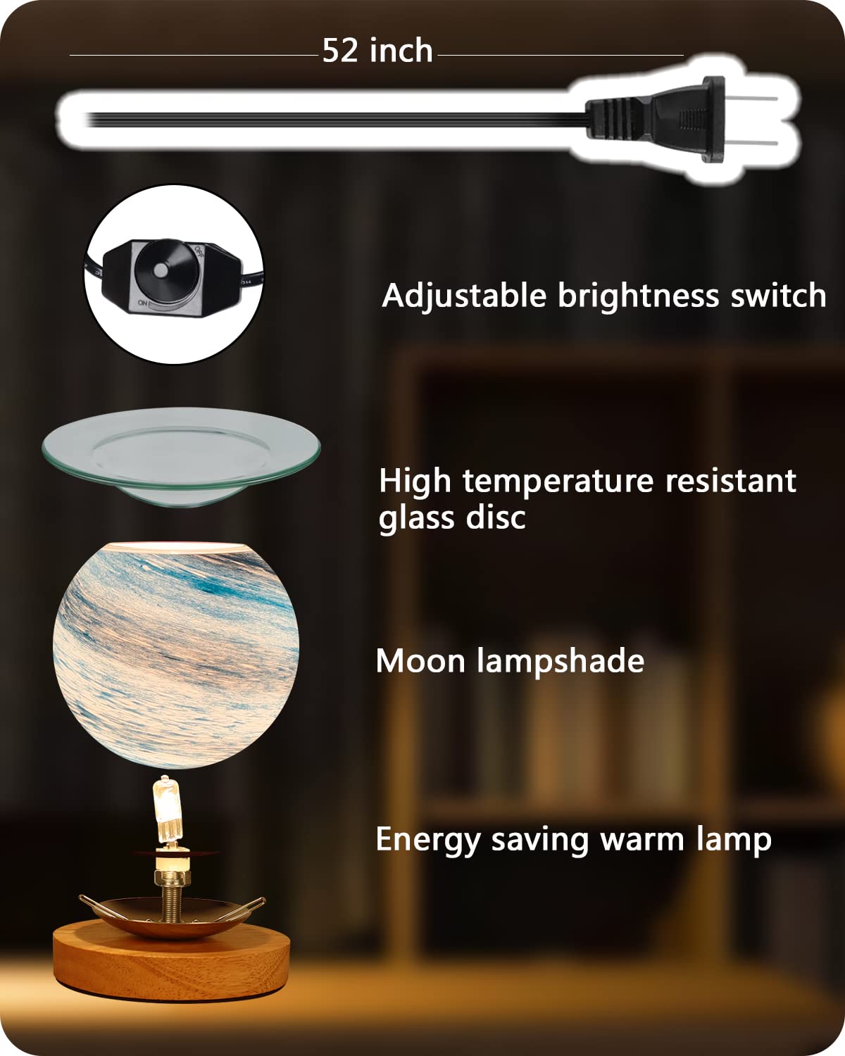 HMLUESR Candle Wax Warmer for Scented Wax Melts with Dimmable Candle Warmer for Bedroom Wax Melt Warmer with 2 Light Bulbs, Moon Lamp Glass Light Wax Scent Home Decor Gifts