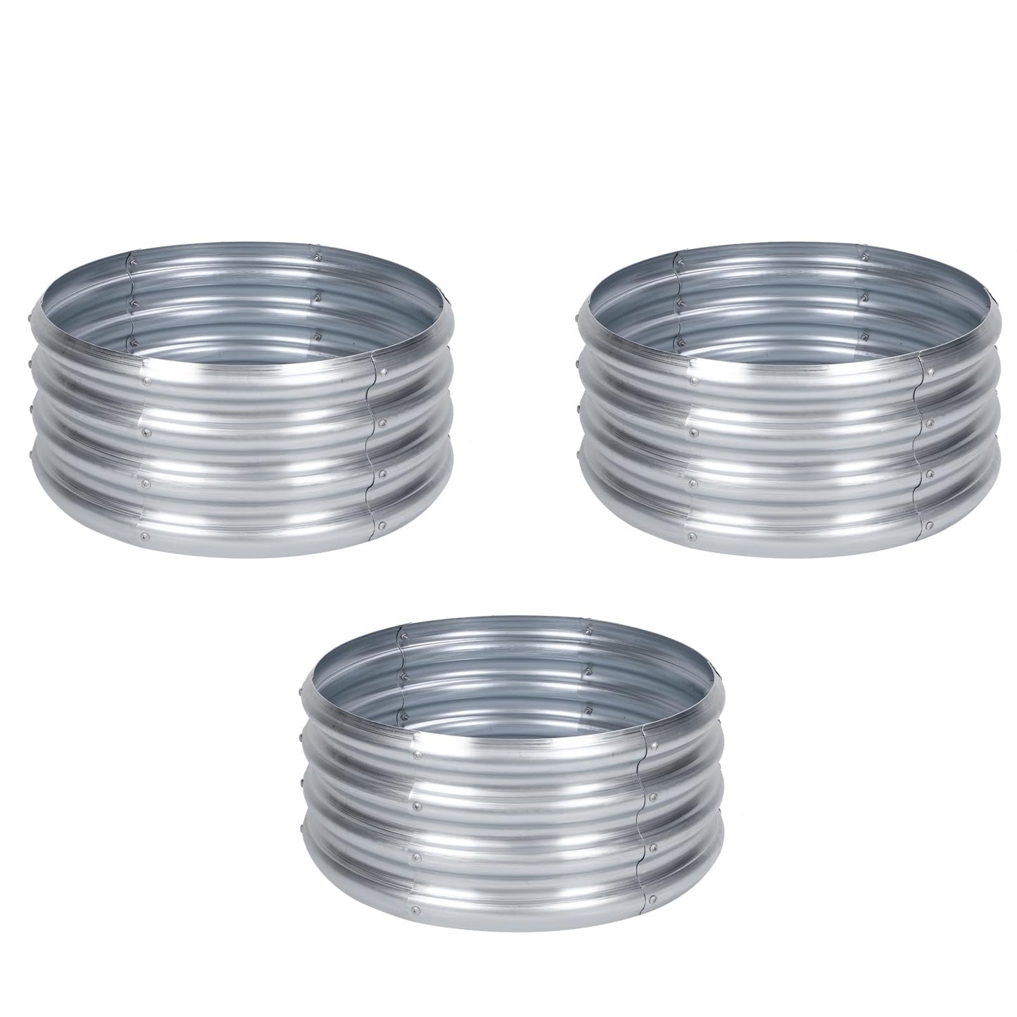 PINPON 3 Pack 2x2x1ft Round Galvanized Raised Garden Bed Outdoor, Silver Metal Planter Box for Vegetables, Herbs, Flowers