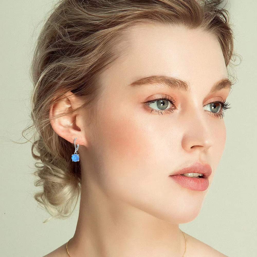 CiNily Round-Cut Opal Dangle Earrings, Blue Fire Opal Rhodium Plated Women Jewelry Leverback Gemstone Drop Earrings