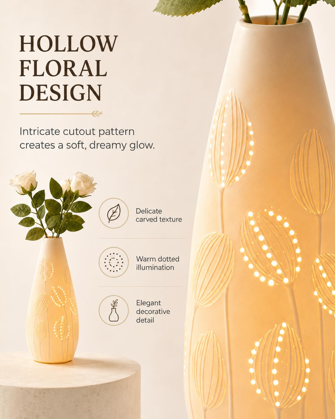 TACAHE Ceramic Vase Table Lamp, 2700K Bulb & 3 Artificial Flowers Included, E12 Socket, Inline Switch, Handmade Openwork Craft, Ambient Light for Living Room Bedroom - Tulip 11"