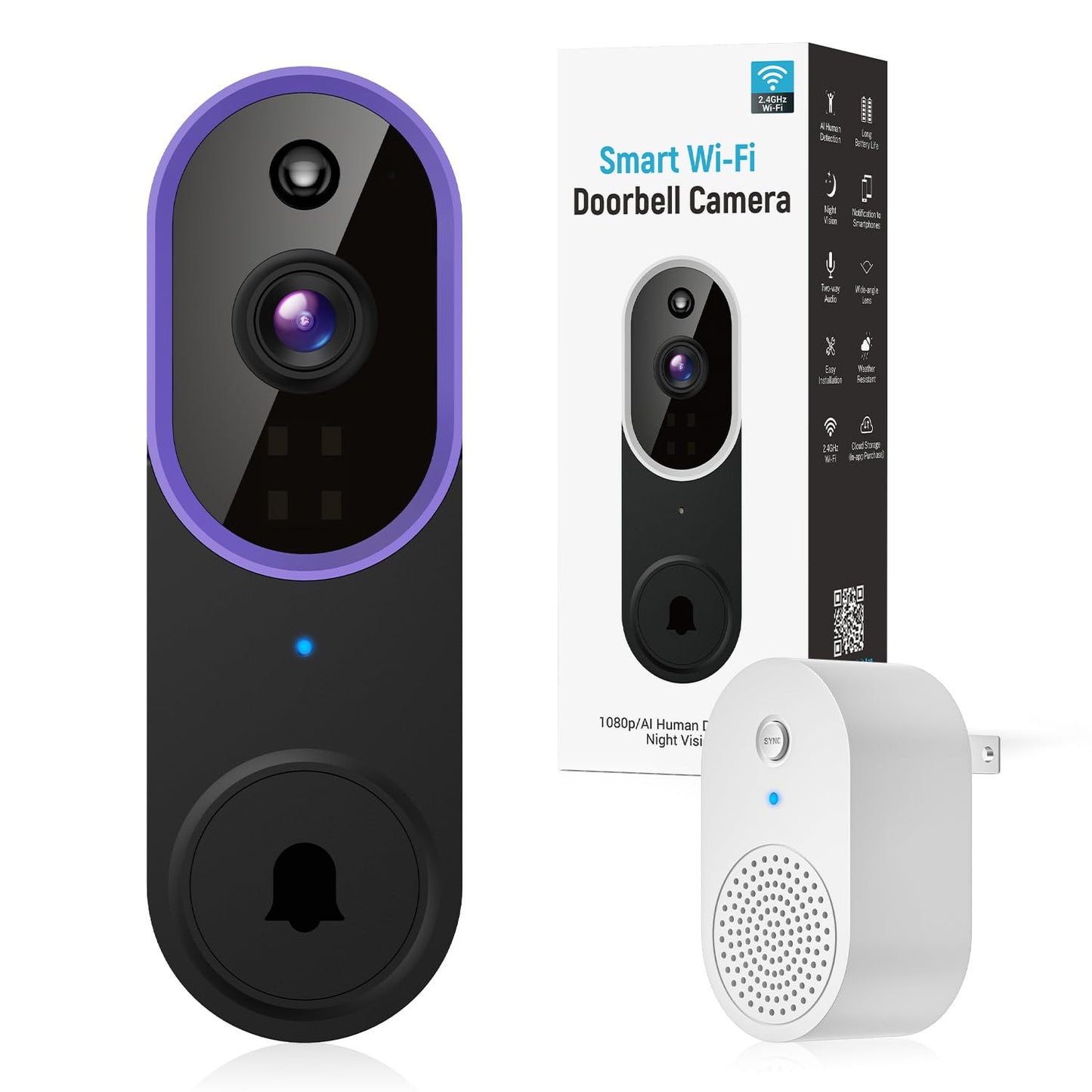 1080p Video Doorbell Camera Wireless with Chime, AI Human Detection, 2-Way Audio, FHD Live View, 2.4G WiFi, Night Vision, Cloud Storage, Battery Powered, Indoor Outdoor Surveillance (Purple)