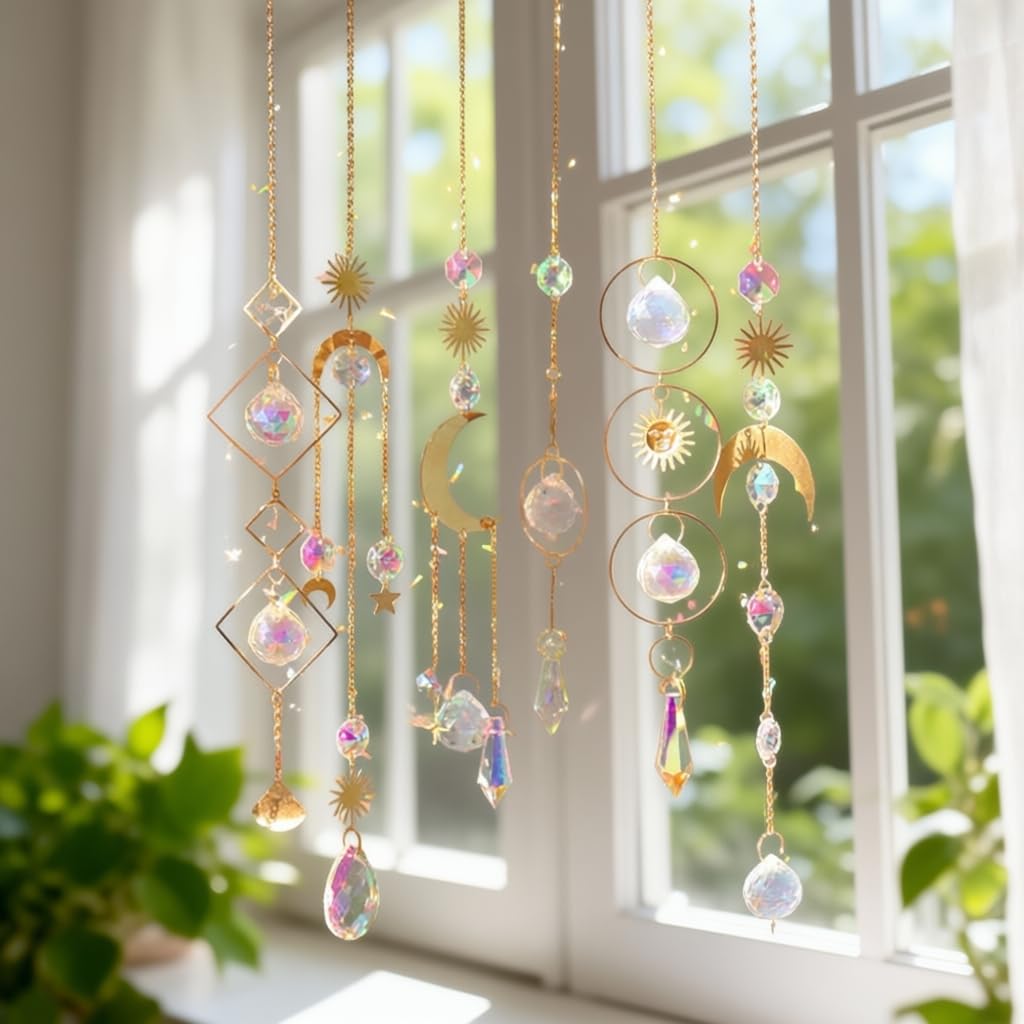 6PCS AB Crystal Suncatcher Hanging Sun Catcher with Chain Rainbow Maker Pendant Crystal Balls Prism for Window Home Garden Christmas Party Wedding Decoration