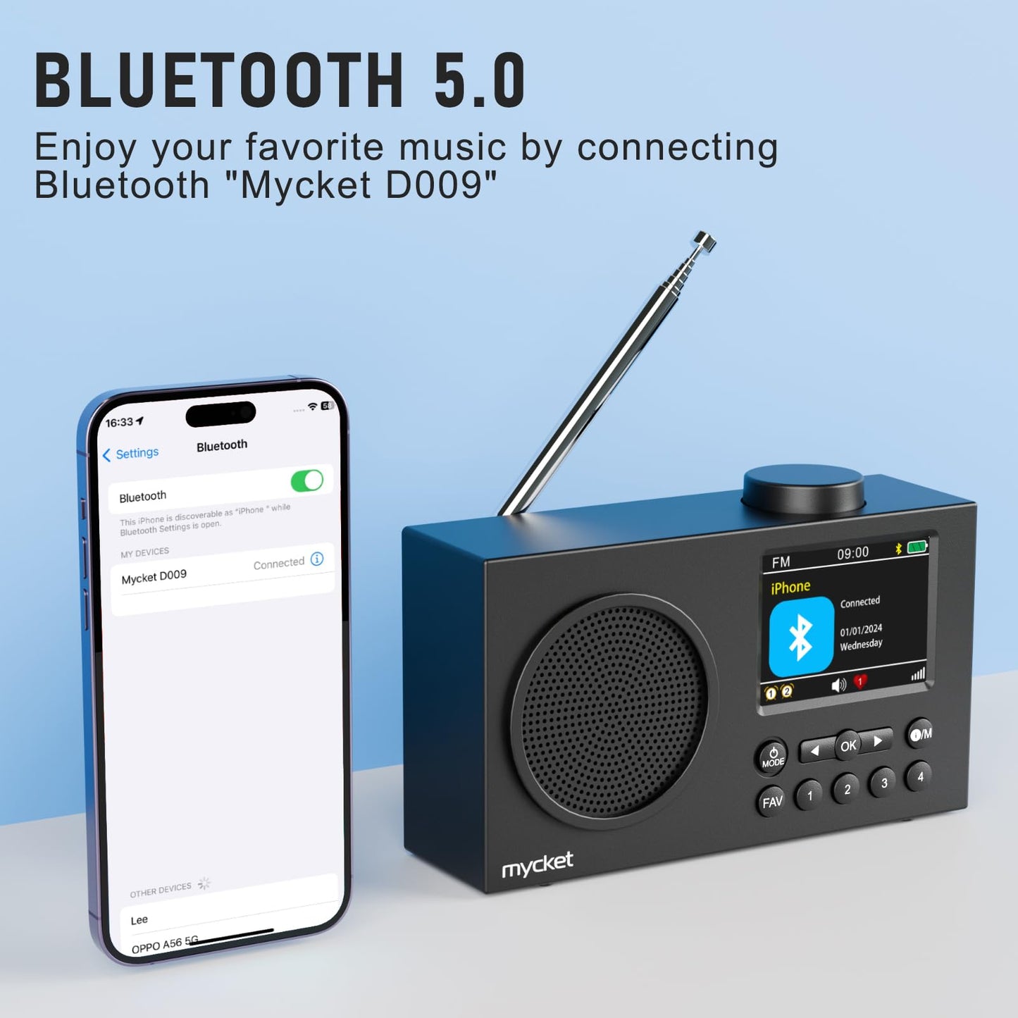 Mycket DAB Radio Portable, DAB Plus Digital Radios with Bluetooth, USB Rechargeable FM Radios, Battery Powered Small Radio,Dual Alarms Clock,Sleep Timer, 40 Presets Stations, 2.4" Large Colour Display