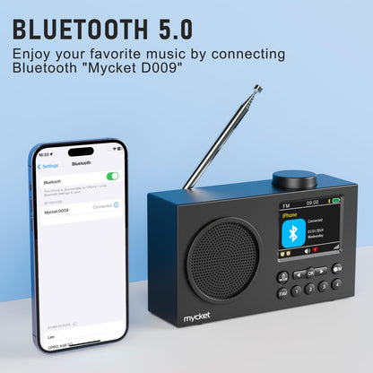 Mycket DAB Radio Portable, DAB Plus Digital Radios with Bluetooth, USB Rechargeable FM Radios, Battery Powered Small Radio,Dual Alarms Clock,Sleep Timer, 40 Presets Stations, 2.4" Large Colour Display