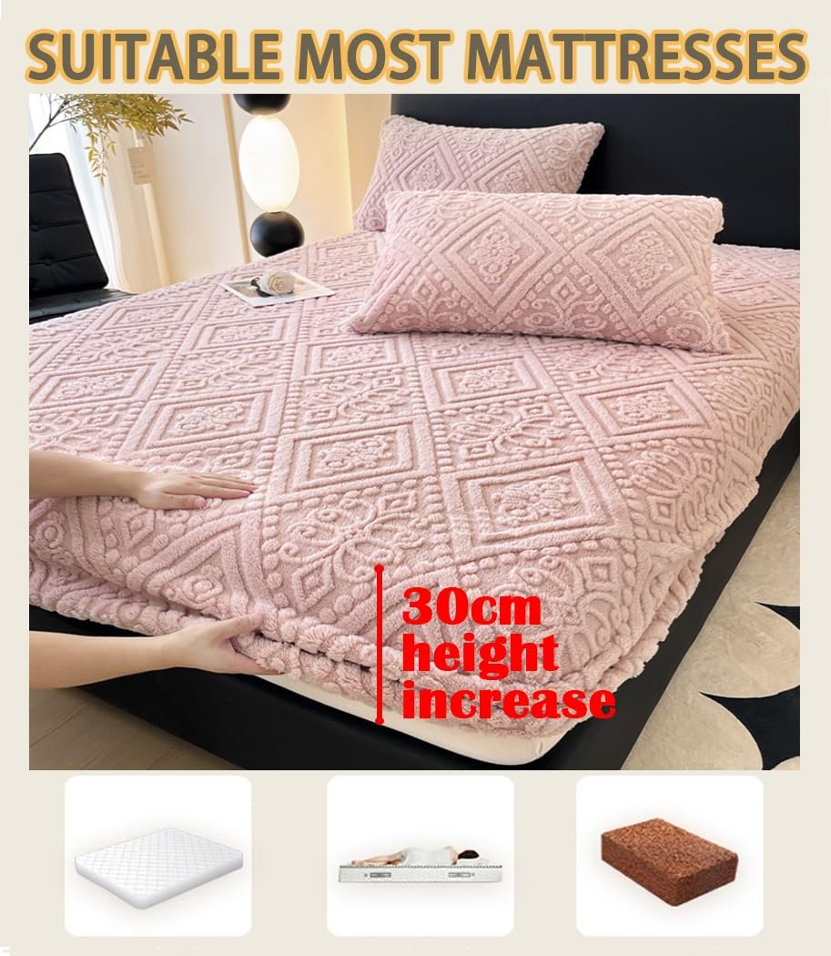 Elastic Bed Sheets Bohemian Taffeta Velvet Full Fitted Sheet, Ultra Soft Mattress Protector Fluffy Plush Bedding(Pink,Twin)