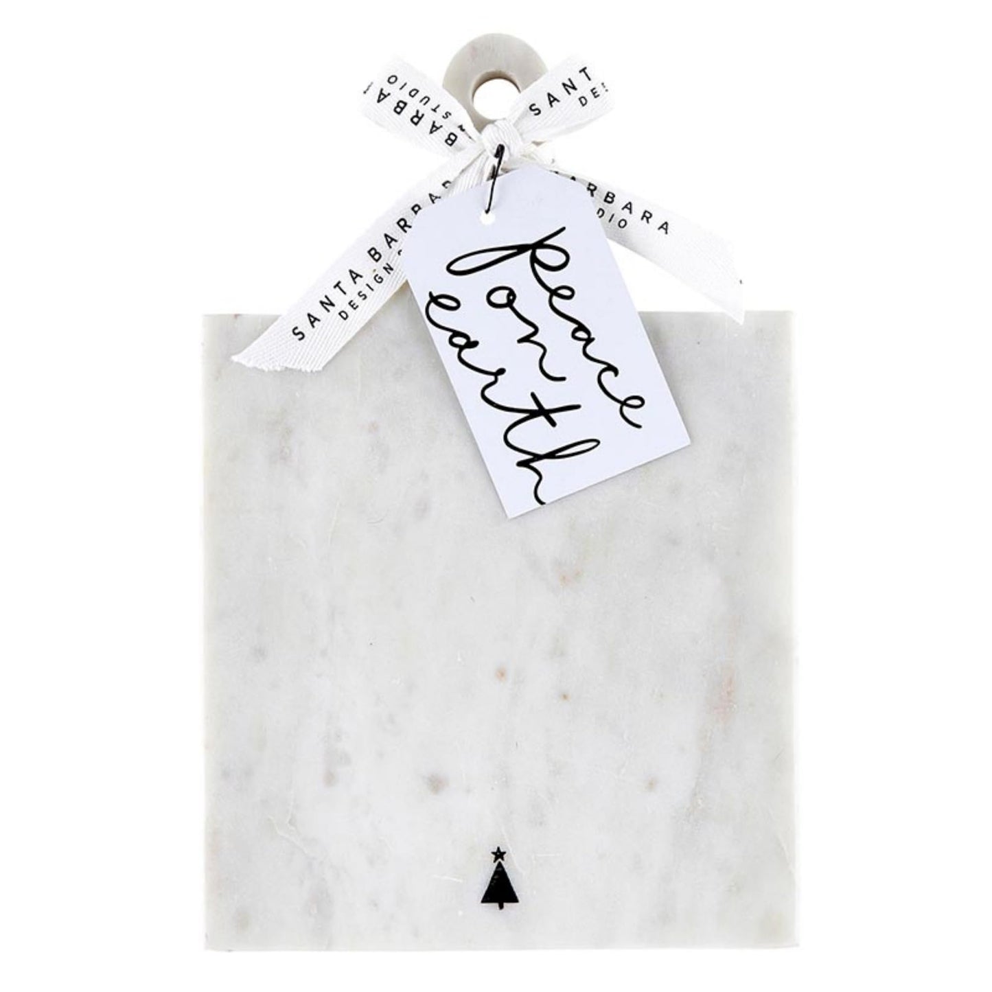 Santa Barbara Design Studio Joy to The World Square White Marble Charcuterie Cheese Tray with Handle, Small Black Tree Icon, 10.75" x 7"