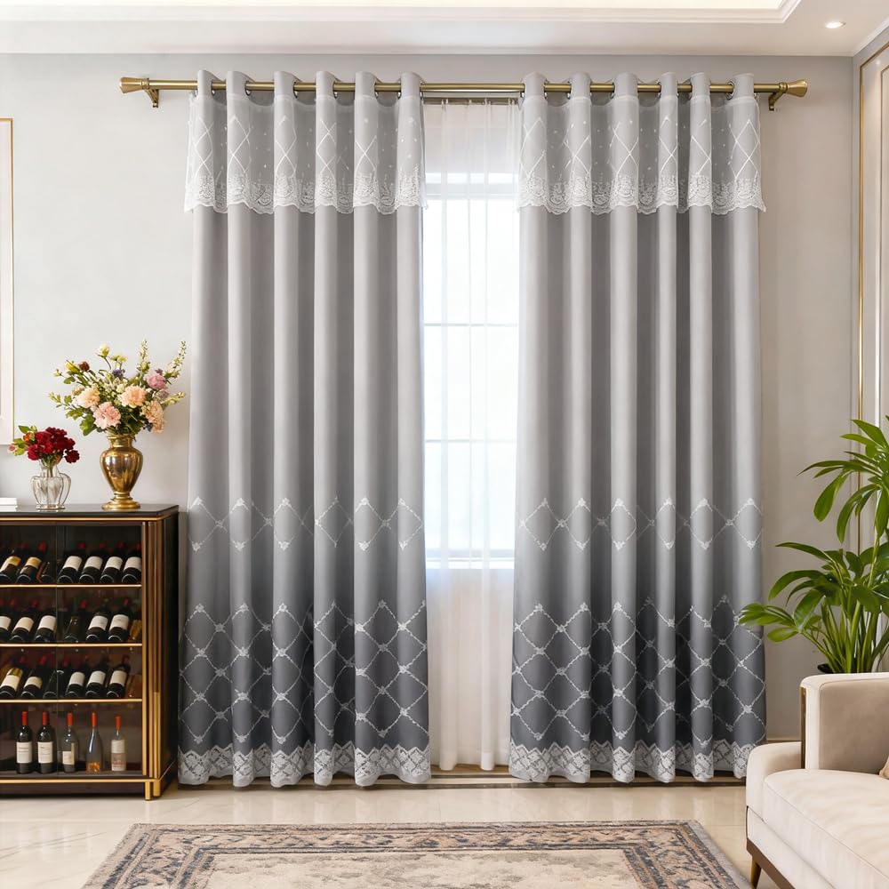 Amidoudou 1 Pair Double Layer Geometric Curtains for Living Room Gradient Diamond Pattern Embroidered Curtains for Bedroom (Grey,54x90 Inch)