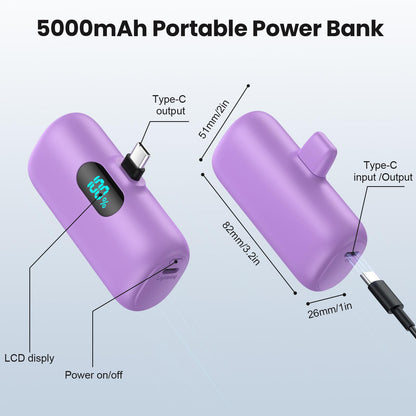 Mini Portable Charger USB C Power Bank,Upgraded 5000mAh PD Fast Charging Battery Pack Built-in USB-C Connector,LCD Display,Compatible with iPhone16,16 Plus,16Pro/Max/15,iPad Pro/Air,Android Phone etc