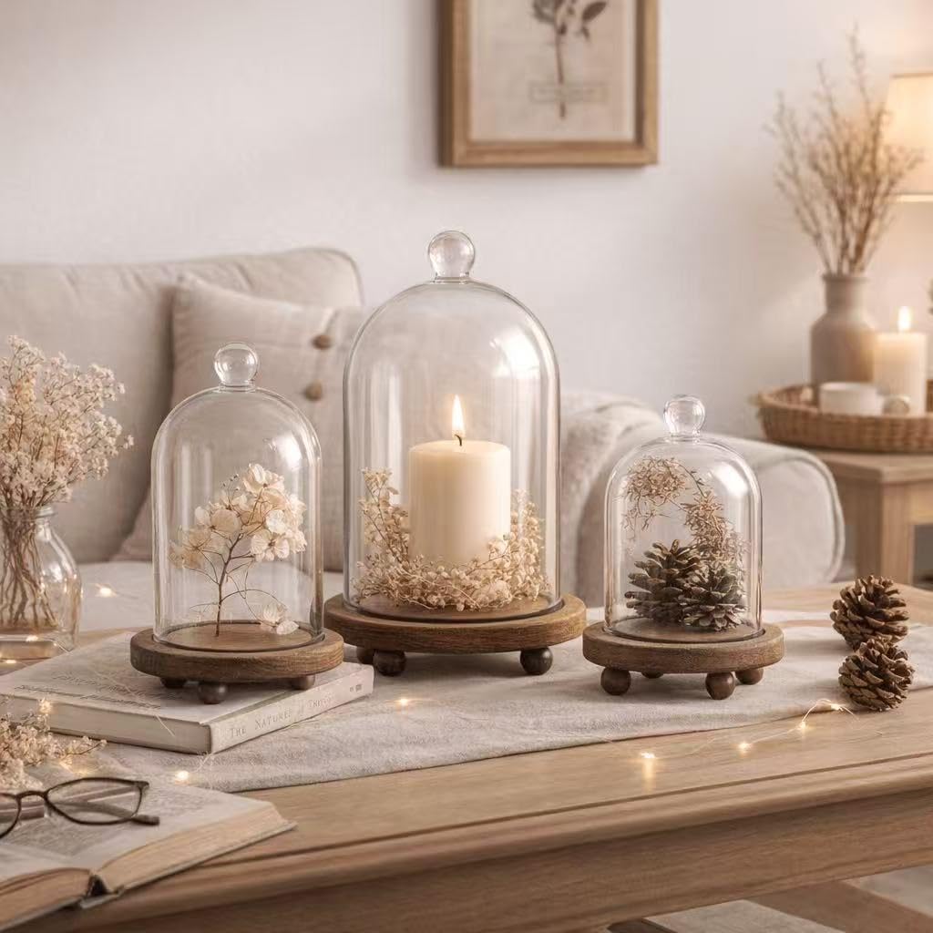 KMwares 3pcs Glass Bell Shape Dome Set (5.7"/4.9"/4.3") | Cloche Display with Wood Base | Empty Domes, Not Included Decorations