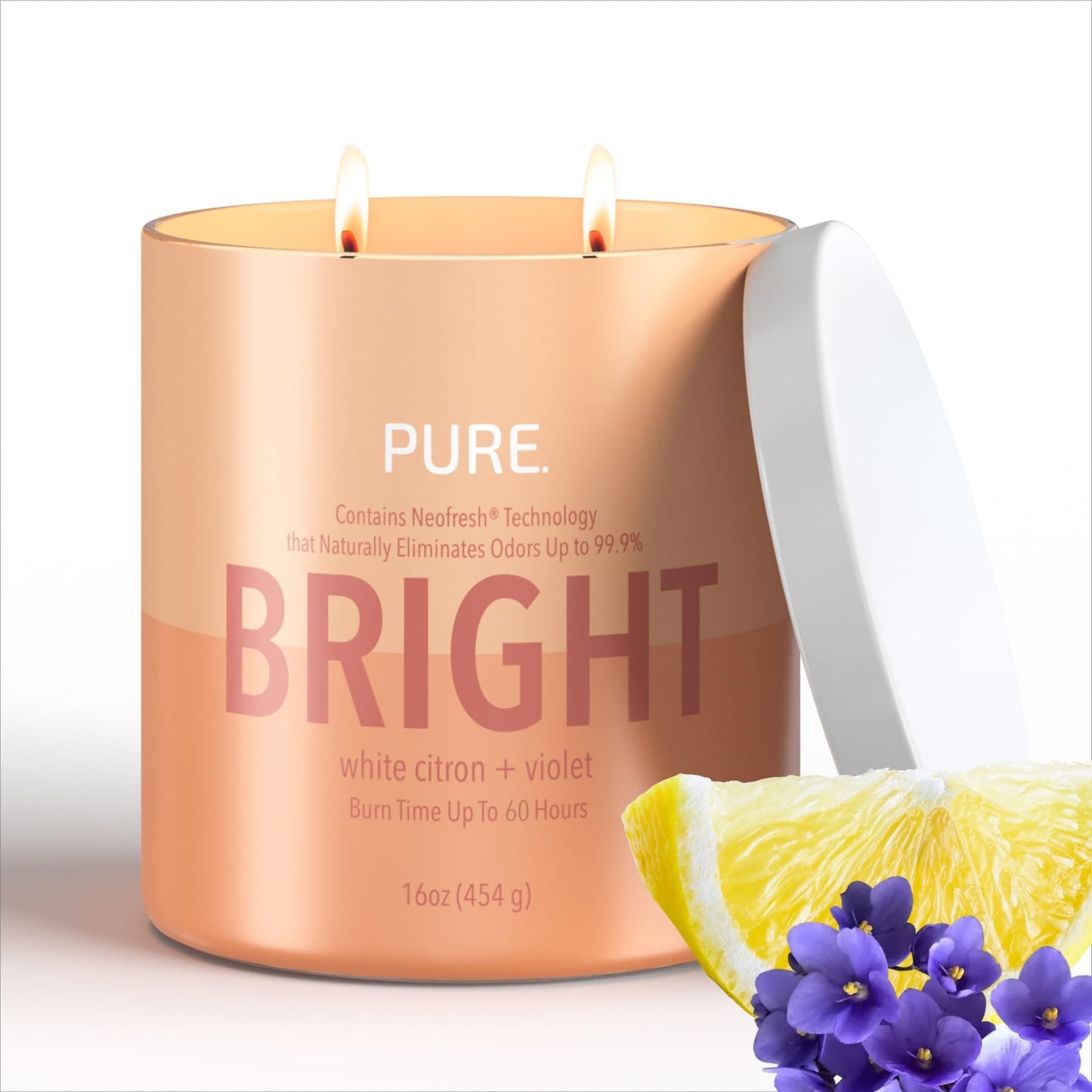 Candle-Lite Pure White Citron & Violet Odor Eliminating Scented Candles, Neofresh Technology Eliminates 99.9% of Odors, 16 oz 2-Wick Jar, Proudly Poured in The USA, Up to 60 Hours Burn Time