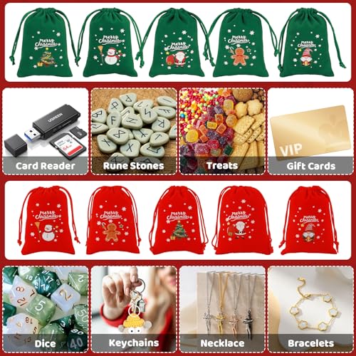 Tapleap Christmas Bags with Drawstring - 10Pcs 3x4 Red and Green Velvet Cloth for Wrapping Dice, Jewelry, Party Favors or Gifts for Friends, Children, Customers