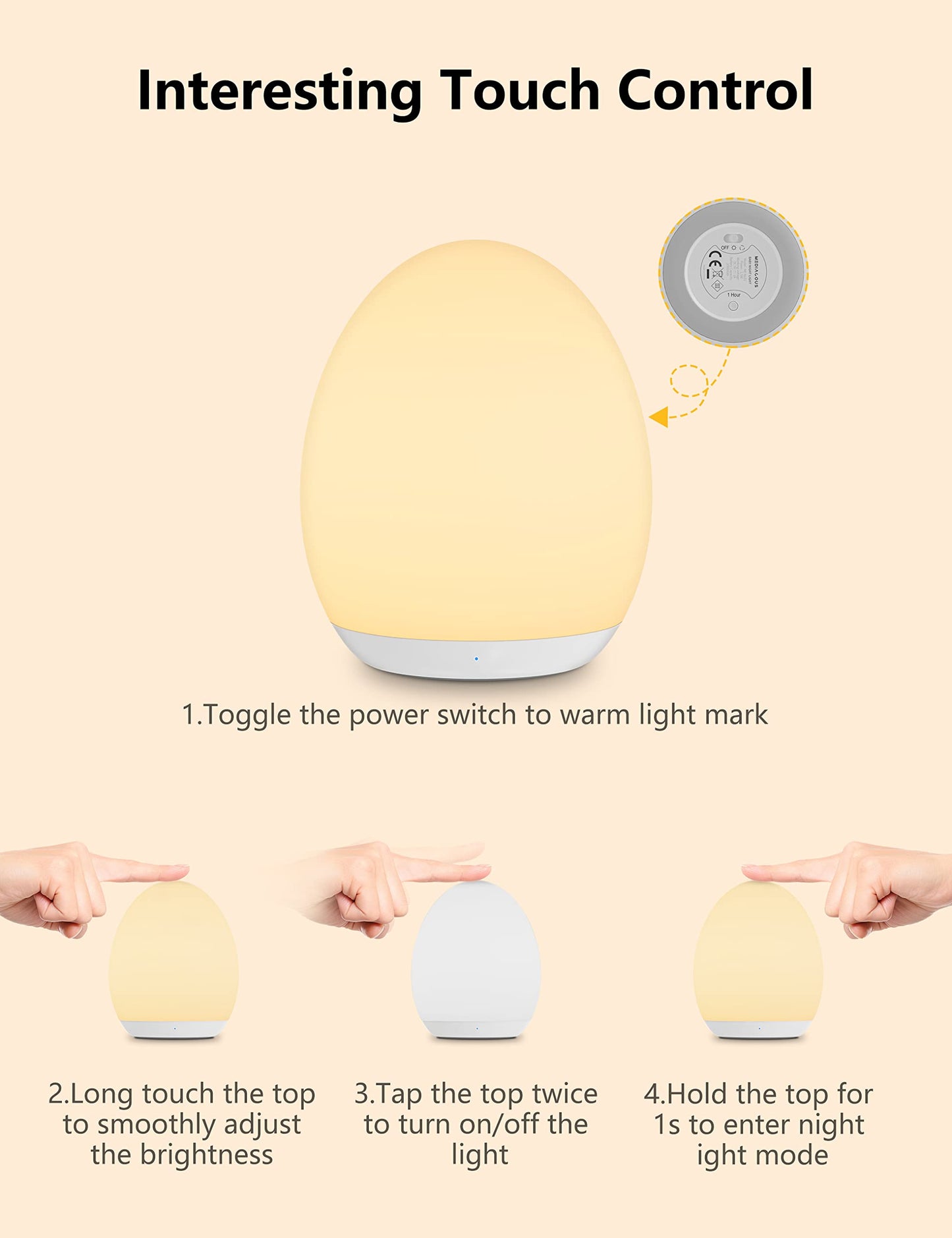 MediAcous Night Lights, 2000mAh Baby Night Light with 7 Colors Changing & Dimming Function, Rechargeable Kids Night Light with 1 Hour Timer & Touch Control for Bedroom, Living Room