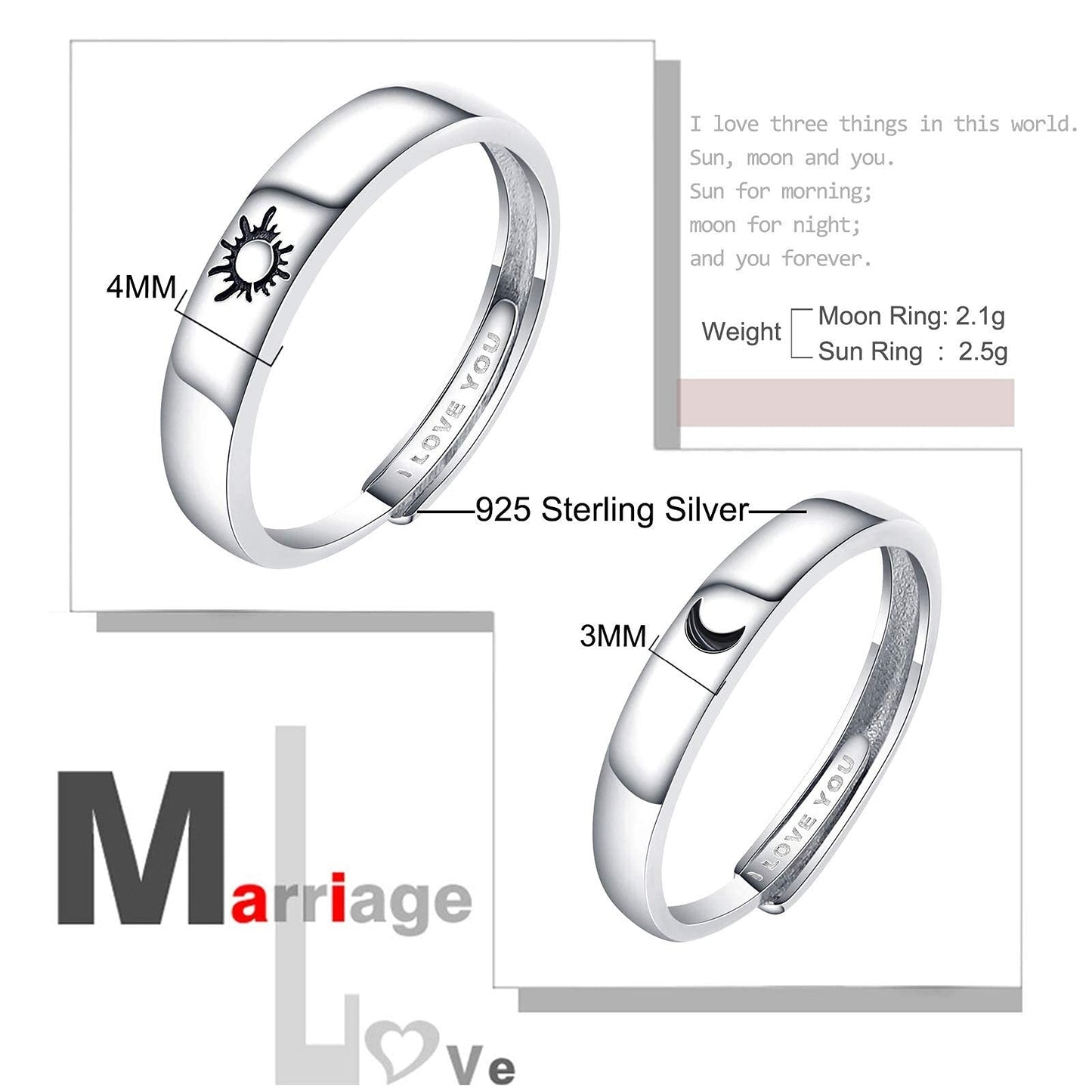 Beydodo 925 Sterling Silver Anniversary Ring Adjustable Matching Rings Sun And Moon I Love You Ring Promise