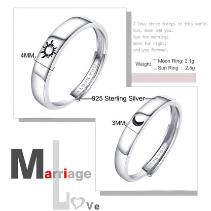 Beydodo 925 Sterling Silver Anniversary Ring Adjustable Matching Rings Sun And Moon I Love You Ring Promise