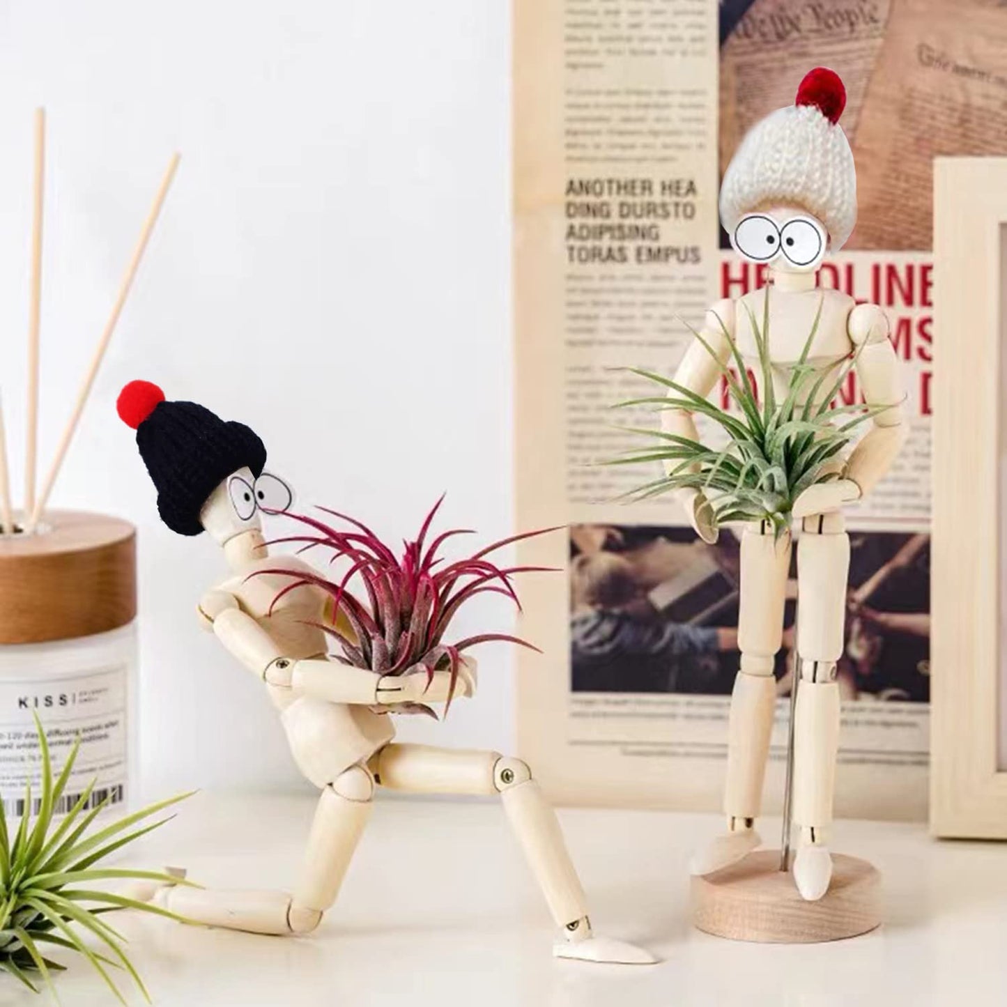 Melphoe 3 Pack Air Plant Holder Wooden Jointed Mannequin Tabletop Flexible Shape Adjustable Pose & DIY Accessories Decor Planter Tillandsia Air Fern Display Stand for Home, Office 3pack