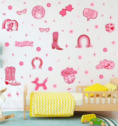 YIMEHDAN Pink Cowgirl Wall Decal, Boots Horseshoe Iron Hat Disco Ball Vinyl Wall Stickers, Removable Preppy Western Girls Artwork for Teen Bedroom Dormitory Decor