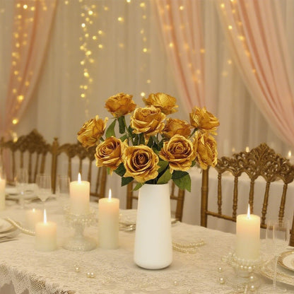 Laelfe 12 Pcs Christmas Gold Roses Artificial Flowers Long Stem Faux Silk Gold Flowers Fake Roses for Wedding Bridal Bouquet Home Party Hotel Garden Decorations