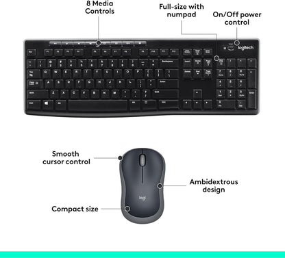 Logitech MK270 Wireless Keyboard and Mouse Combo for Windows, 2.4 GHz, 8 Multimedia Keys, PC, Laptop, Wireless Keyboard Compact Mouse Combo - Black