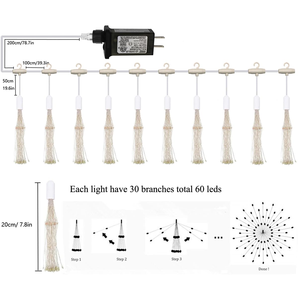 Dreamworth 10 Pcs Total 600 LED Firework Copper Wire Lights, Fairy Twinkle Lights Plug in String Lights 8 Modes Waterproof Starburst Lights for Christmas, Birthday, Bedroom, Corridor Patio, Wedding